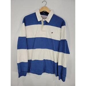 Vtg American Eagle Mens XL Blue White Striped Long Sleeve Rugby Shirt Sportswear